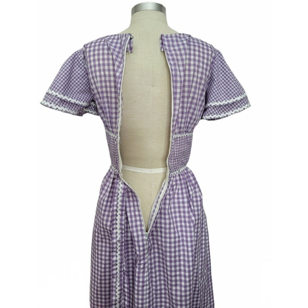 VTG 70s Purple Gingham Maxi‎ Dress Prairie Cottagecore Lace Trim Flutter Sleeve - Picture 7 of 16